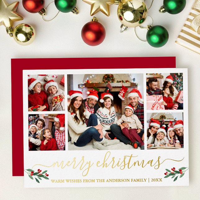 Calligraphy Merry Christmas Red 5 Photo Gold (Gold Foil Photo Christmas Card)