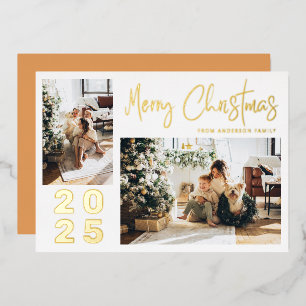 Calligraphy Merry Christmas Two Family Photo Gold