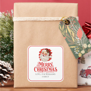 Calligraphy Merry Plaid Santa Family Gift Card Square Sticker