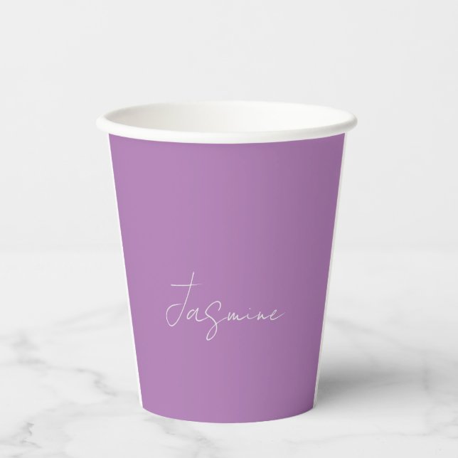 Calligraphy Minimalist Custom Own Name Lavender Paper Cups (Front)