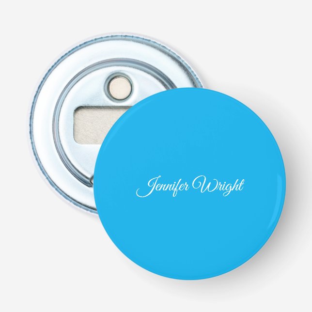 Calligraphy minimalist plain modern azure blue bottle opener (Front)