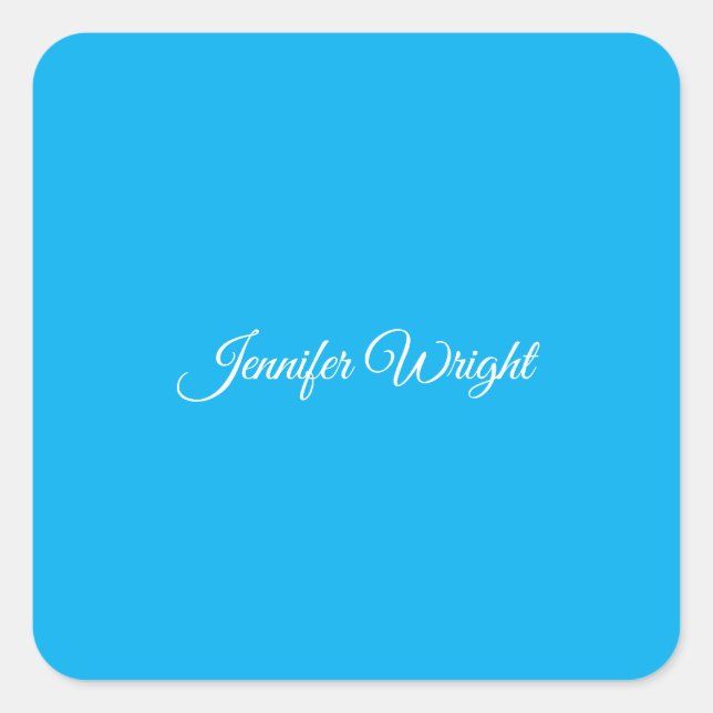 Calligraphy minimalist plain modern azure blue square sticker (Front)