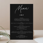 Calligraphy Minimalist Wedding Menu Black<br><div class="desc">Visualise a minimalist wedding menu that radiates understated elegance. The design embodies simplicity, featuring a clean and unembellished layout. The menu's header is tastefully presented in a delicate calligraphy font, infusing a touch of refined artistry. The textual information, including the carefully curated dishes, is displayed in a classic serif font,...</div>