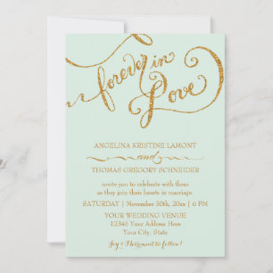 Calligraphy Mint Script Forever Love Gold Glitter Invitation