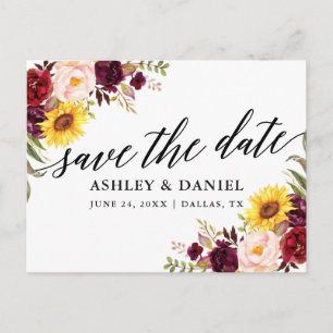 Calligraphy Mixed Burgundy Floral Save The Date Postcard