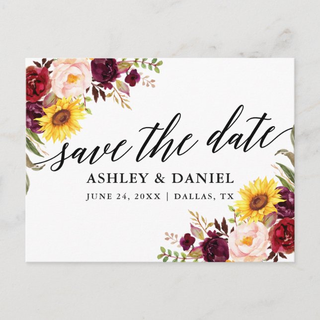Calligraphy Mixed Burgundy Floral Save The Date Postcard (Front)