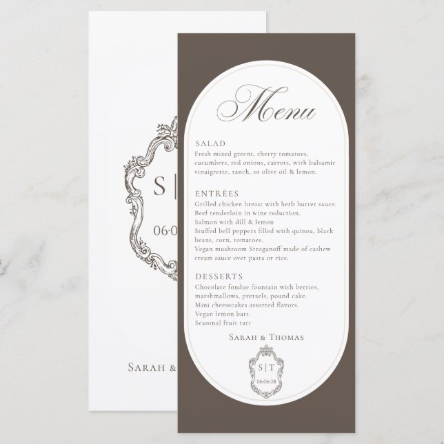 Calligraphy Mocha Brown Creast Wedding Menu (Front/Back)