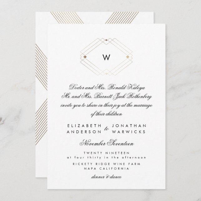 Calligraphy Mondern Monogram Gold Deco Wedding Invitation (Front/Back)