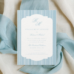 Calligraphy Monogram Blue Stripes Engagement Invitation