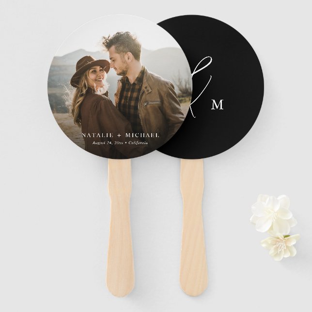 Calligraphy Monogram Bride Groom Photo Wedding Hand Fan (Front and Back)