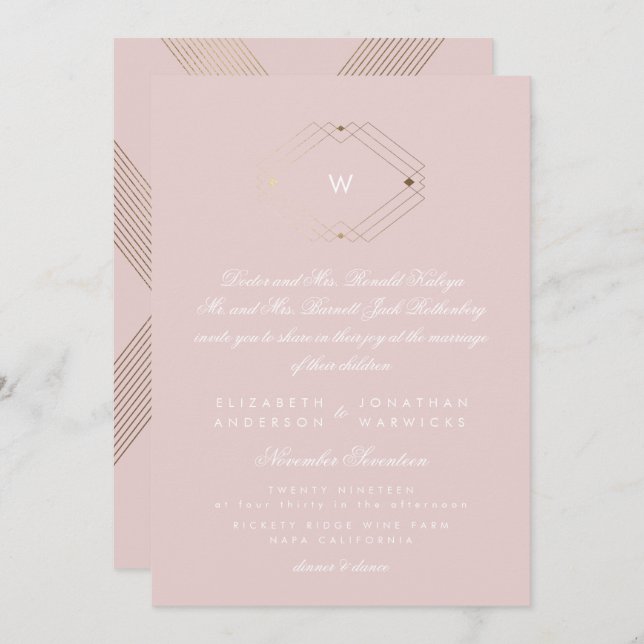 Calligraphy Monogram Gold Foil Blush Pink Wedding Invitation (Front/Back)