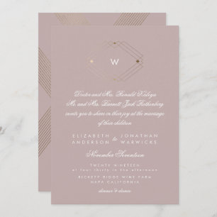 Calligraphy Monogram Gold Foil Taupe Musk Wedding Invitation