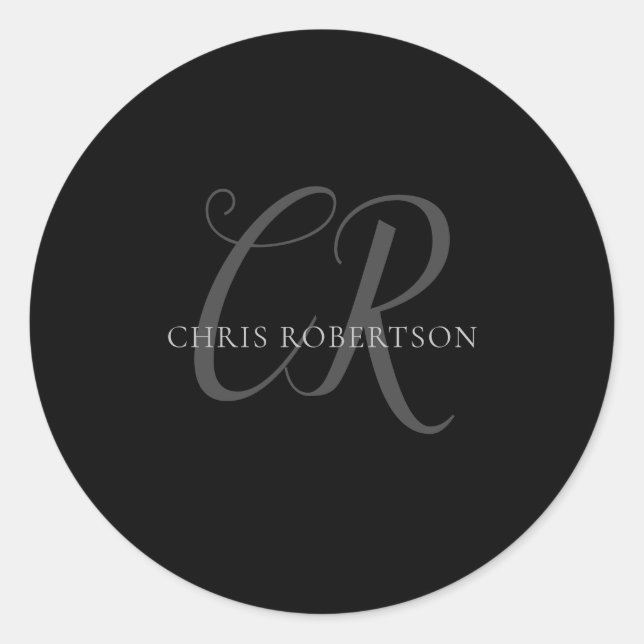 Calligraphy Monogram Name Black Grey Custom Gift Classic Round Sticker (Front)