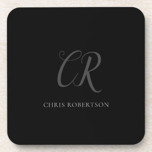 Calligraphy Monogram Name Black Grey Custom Gift Coaster