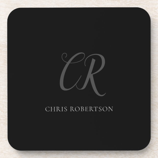 Calligraphy Monogram Name Black Grey Custom Gift Coaster (Front)