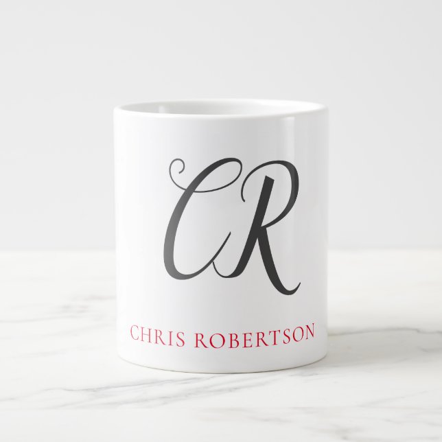 Calligraphy Monogram Name Black Grey Custom Gift Large Coffee Mug (Front)