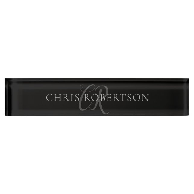 Calligraphy Monogram Name Black Grey Custom Gift Nameplate (Front)