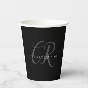 Calligraphy Monogram Name Black Grey Custom Gift Paper Cups