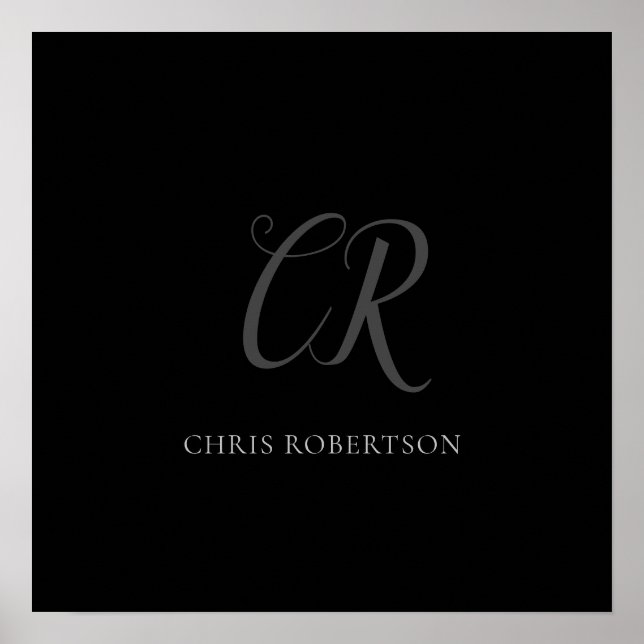Calligraphy Monogram Name Black Grey Custom Gift Poster (Front)