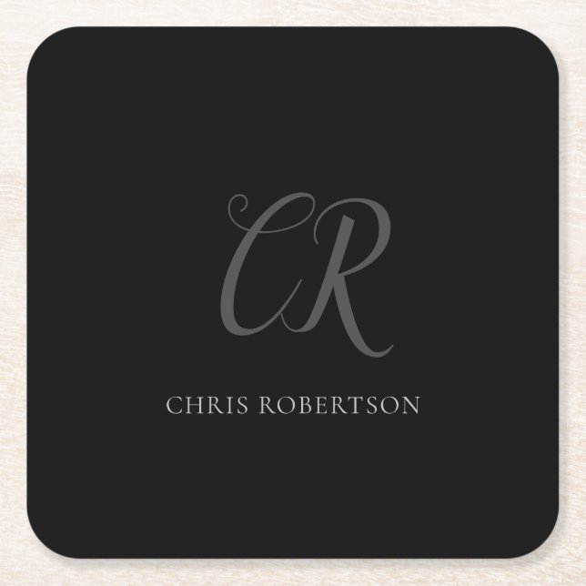 Calligraphy Monogram Name Black Grey Custom Gift Square Paper Coaster (Front)