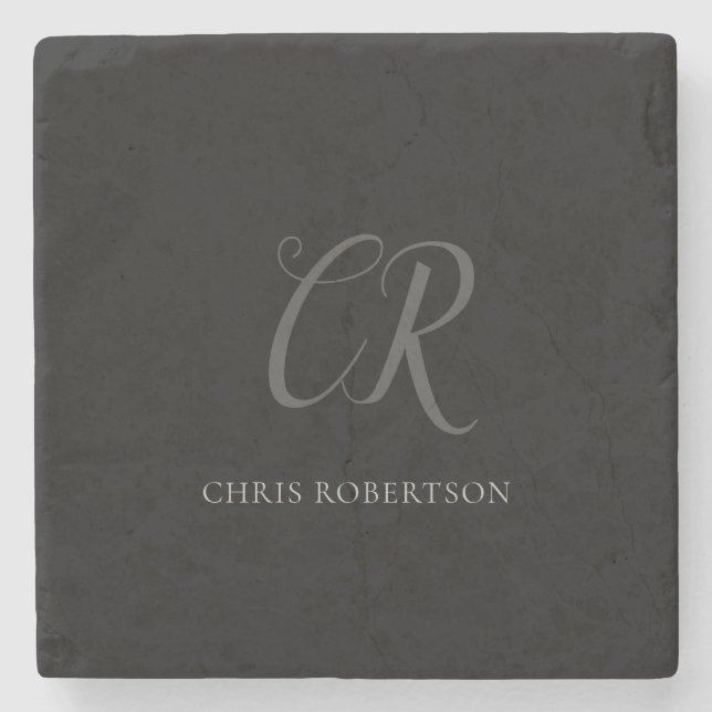 Calligraphy Monogram Name Black Grey Custom Gift Stone Coaster (Front)