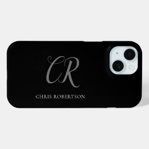 Calligraphy Monogram Name Black White Custom Gift iPhone 15 Case