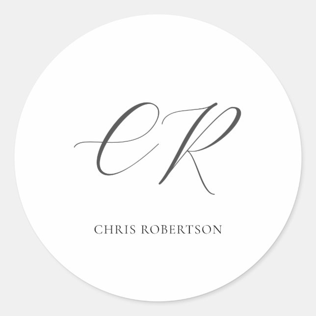 Calligraphy Monogram Name Black White Custom Gift Classic Round Sticker (Front)