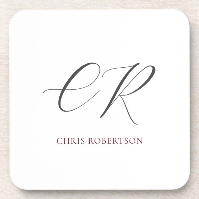 Calligraphy Monogram Name Black White Custom Gift Coaster (Front)