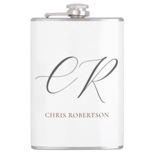 Calligraphy Monogram Name Black White Custom Gift Hip Flask