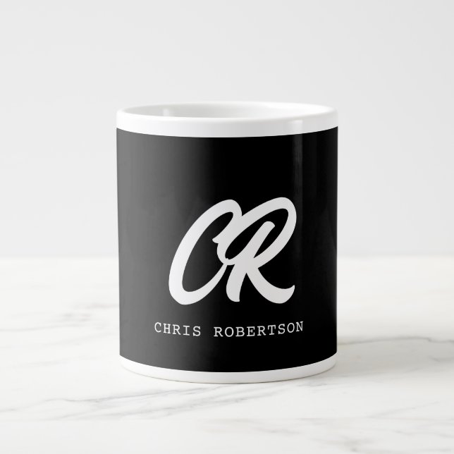 Calligraphy Monogram Name Black White Custom Gift Large Coffee Mug (Front)
