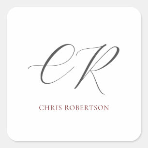 Calligraphy Monogram Name Black White Custom Gift Square Sticker