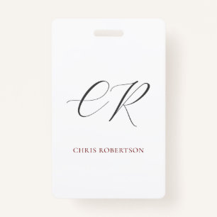 Calligraphy Monogram Name Black White Custom ID Badge