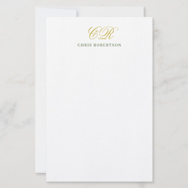 Calligraphy Monogram Name Gold Black White Color Stationery (Front)