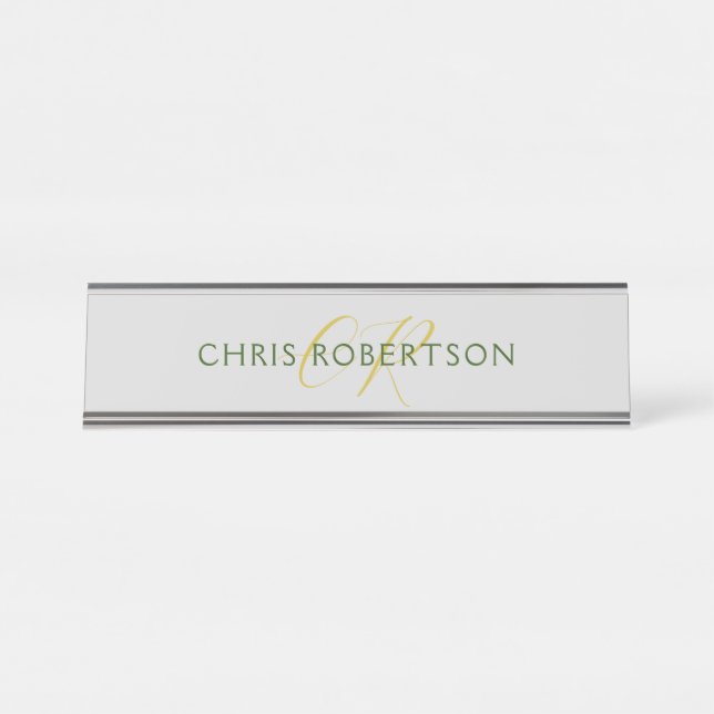 Calligraphy Monogram Name Gold Black White Custom Desk Name Plate (Front)