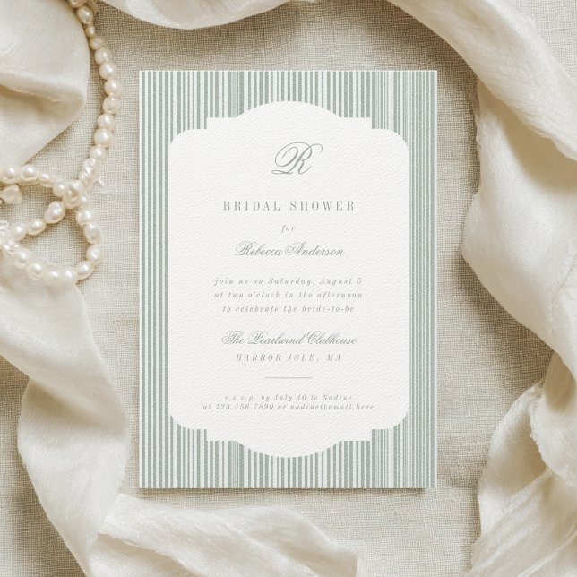 Calligraphy Monogram Sage Stripes Bridal Shower Invitation (Creator Uploaded)