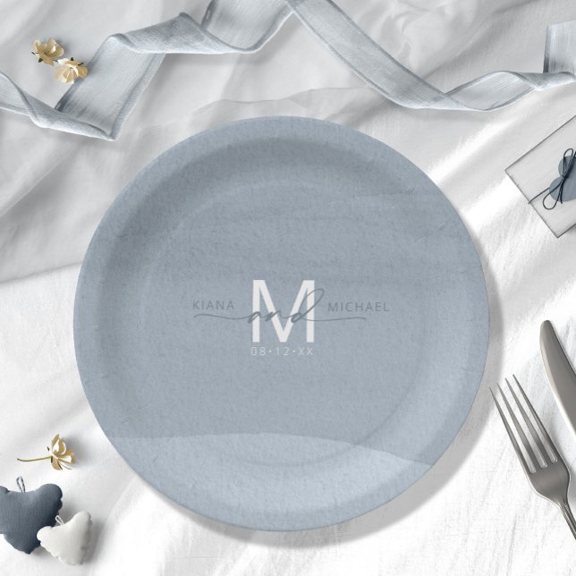 Calligraphy Monogram Wedding Dusty Blue ID771 Paper Plate (Creator Uploaded)