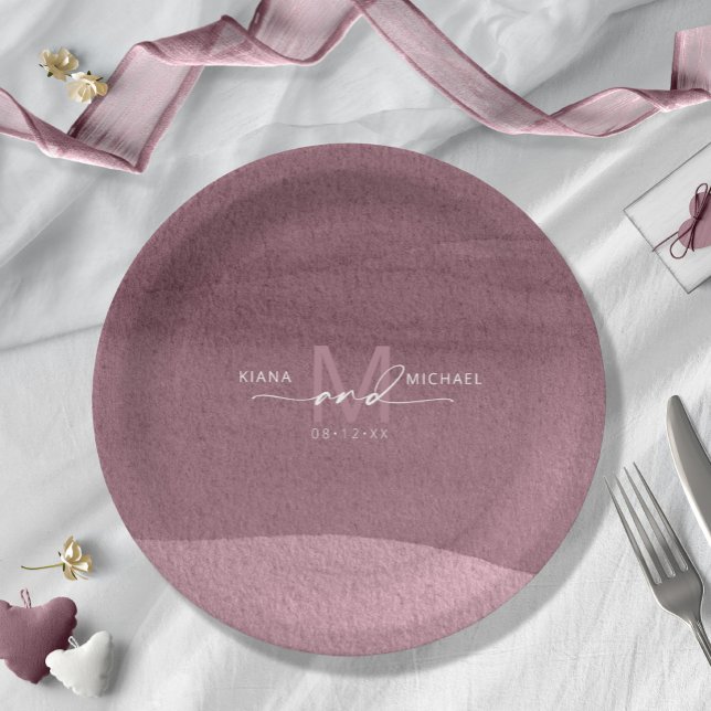 Calligraphy Monogram Wedding Mauve ID771 Paper Plate (Creator Uploaded)