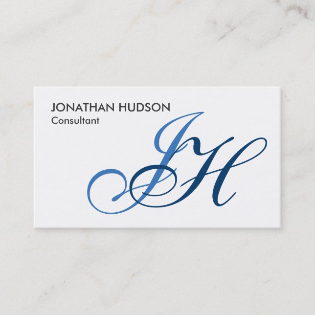 Calligraphy Monogram White Blue Business Card (Front)