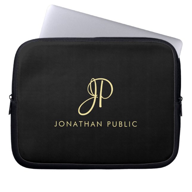 Calligraphy Monogrammed Template Faux Gold & Black Laptop Sleeve (Front)
