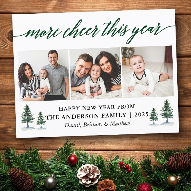 Calligraphy More Cheer This Year 3 Photo Pines Postcard (Customize to change your personalized text size or text style.)