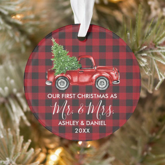 Calligraphy Mr. Mrs. Christmas Truck Red Plaid Ornament (Tree)