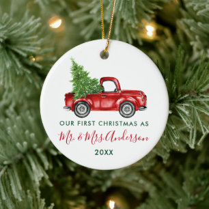 Calligraphy Mr. Mrs. First Christmas Red Truck  Ceramic Tree Decoration