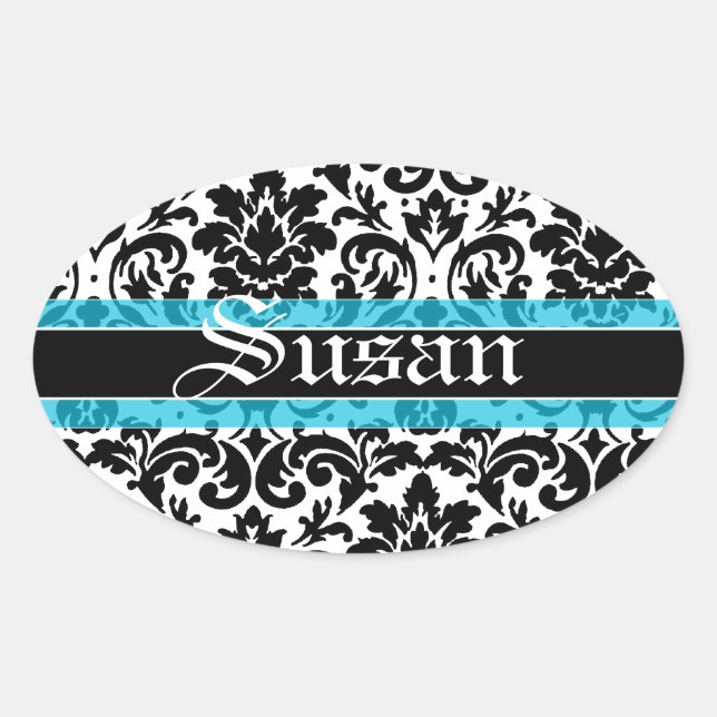 Calligraphy name art damask pattern oval sticker (Front)