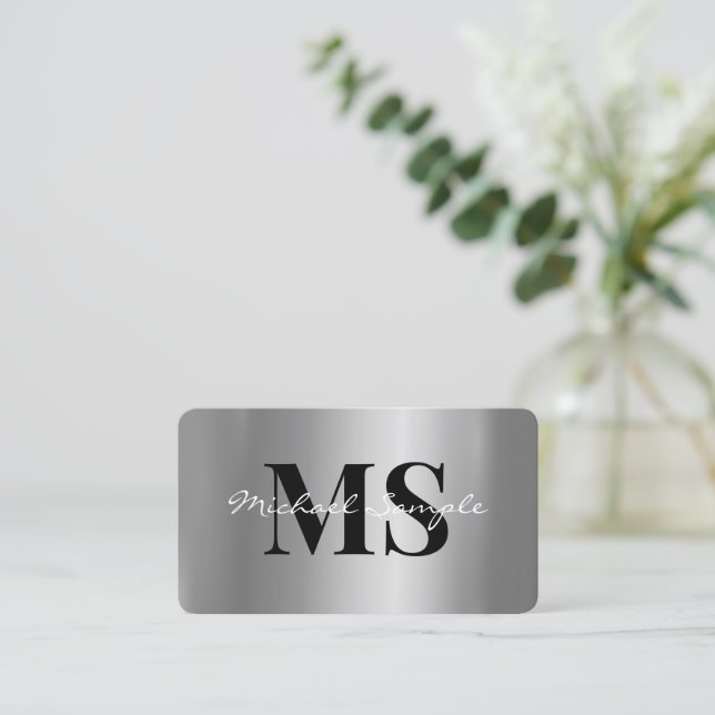 Calligraphy Name QR Code Script Luxe Silver Business Card (Standing Front)