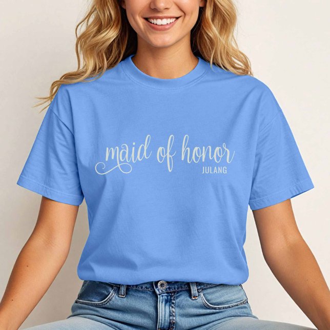 Calligraphy Natural on Carolina Blue Maid of Honou T-Shirt (Natural on Carolina Blue Maid of Honor  TShirt)