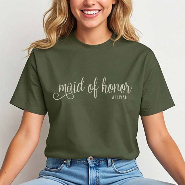 Calligraphy Natural on Fatique Maid of Honour T-Shirt (Natural on Fatigue Green Maid of Honor Tshirt)