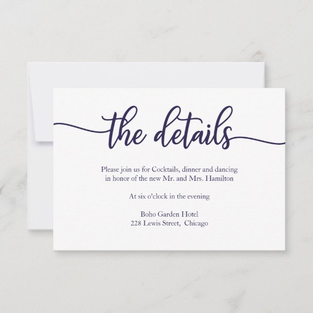 Calligraphy Navy Blue White Wedding Details Card (Front)