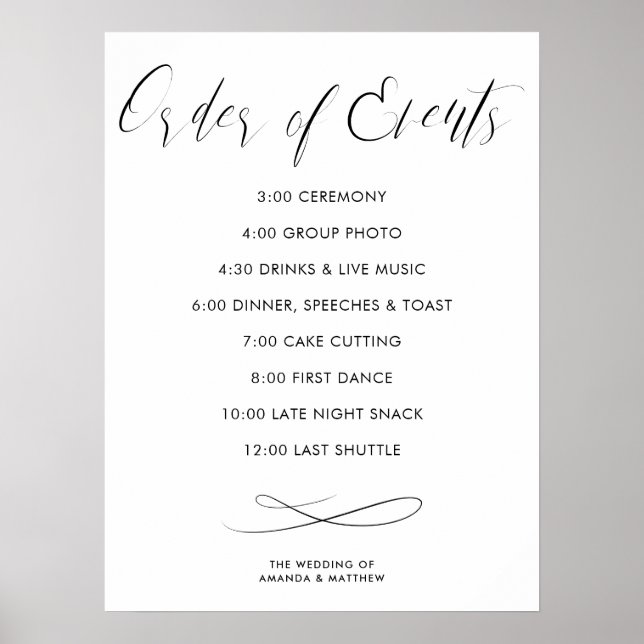 Calligraphy Order of Events Wedding Timeline Poster (Front)