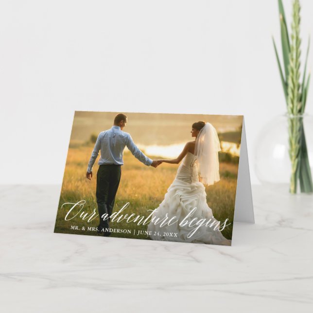Calligraphy Our Adventure Begins Wedding Fold Thank You Card (Front)