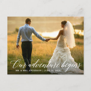 Calligraphy Our Adventure Begins Wedding Thank You Postcard